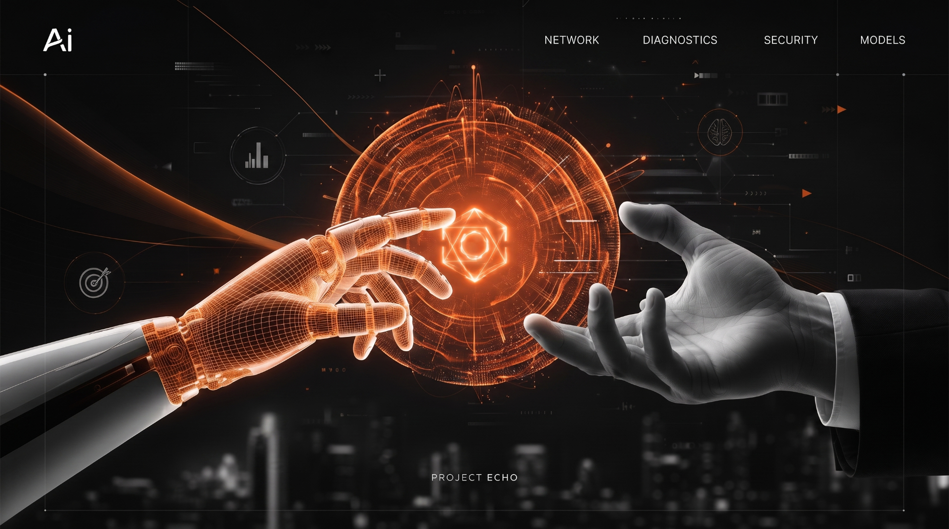 Human and AI hands reaching toward a glowing orange neural core