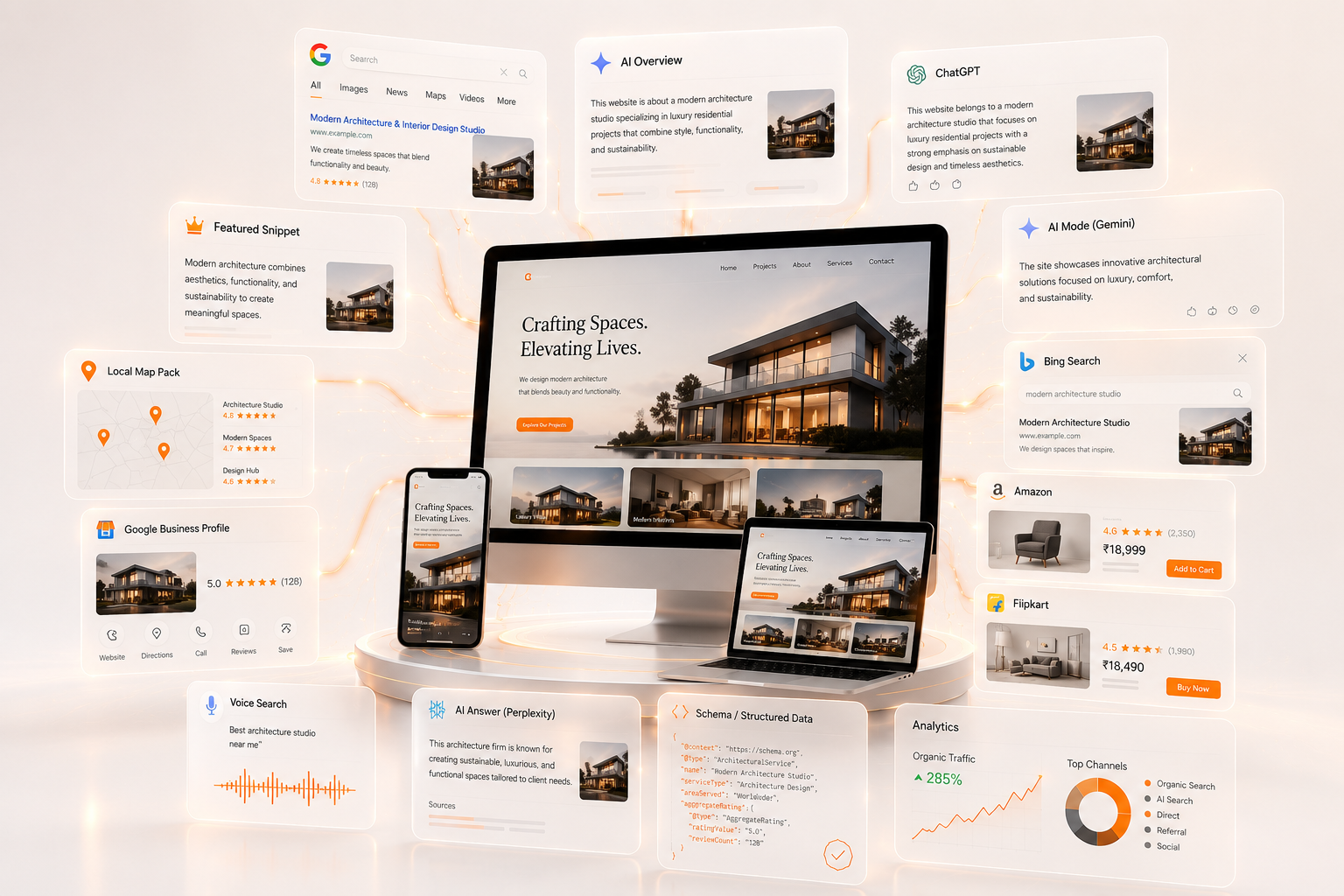Modern search ecosystem — Google, AI, voice, local, marketplaces