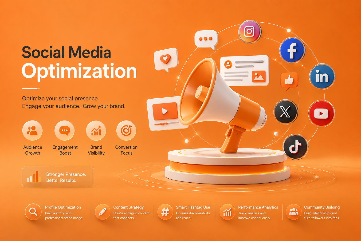 Social media optimization — audience growth, engagement, brand visibility