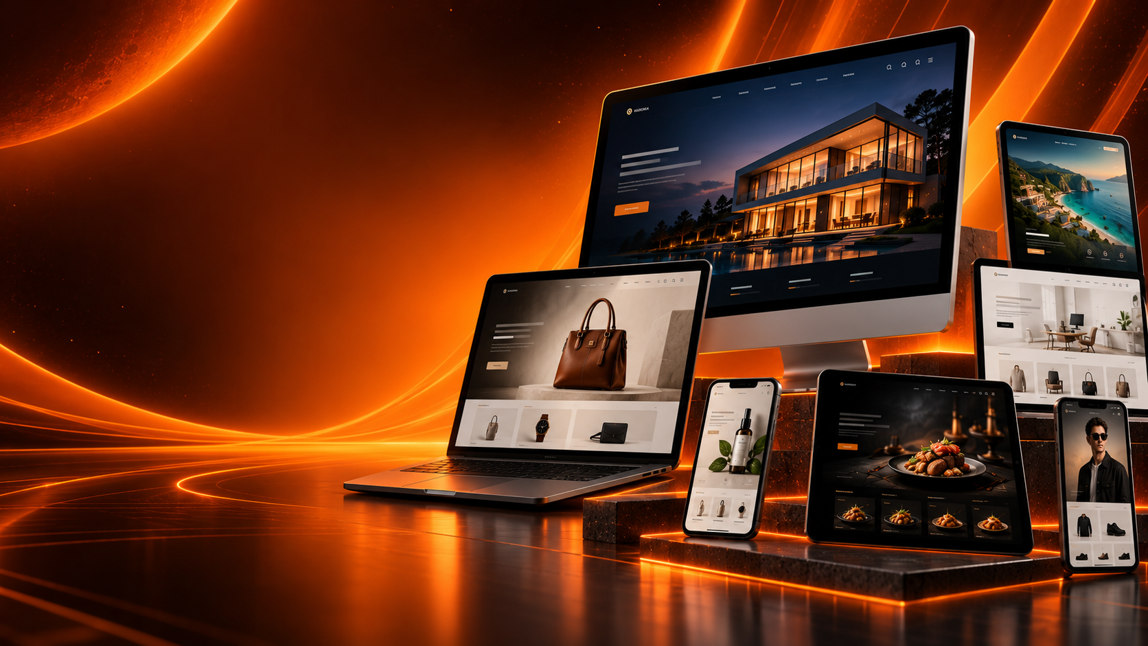 Responsive Cosmic websites shown across desktop, laptop, tablet and mobile